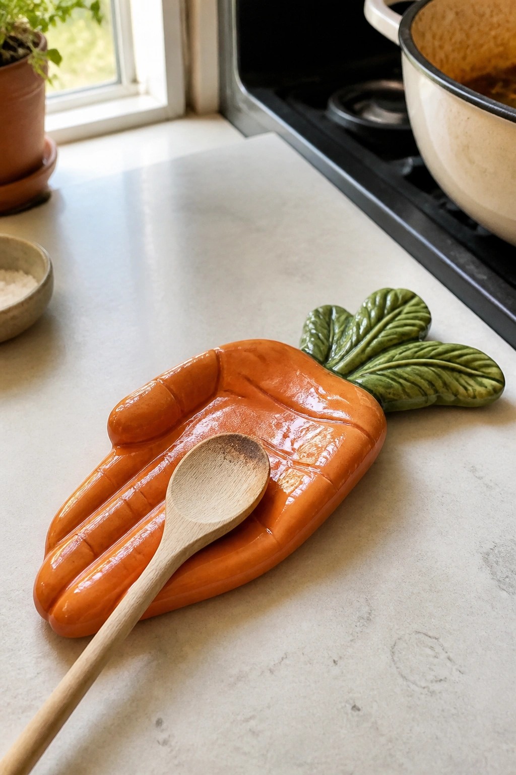 Orange ceramic carrot spoon rest with green leaves holding wooden spoon on counter.