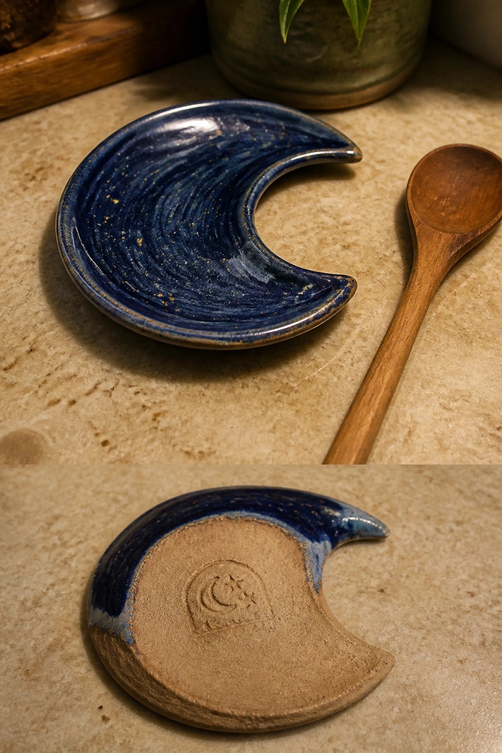 Blue crescent moon ceramic dish with wooden spoon, bottom view showing stamp