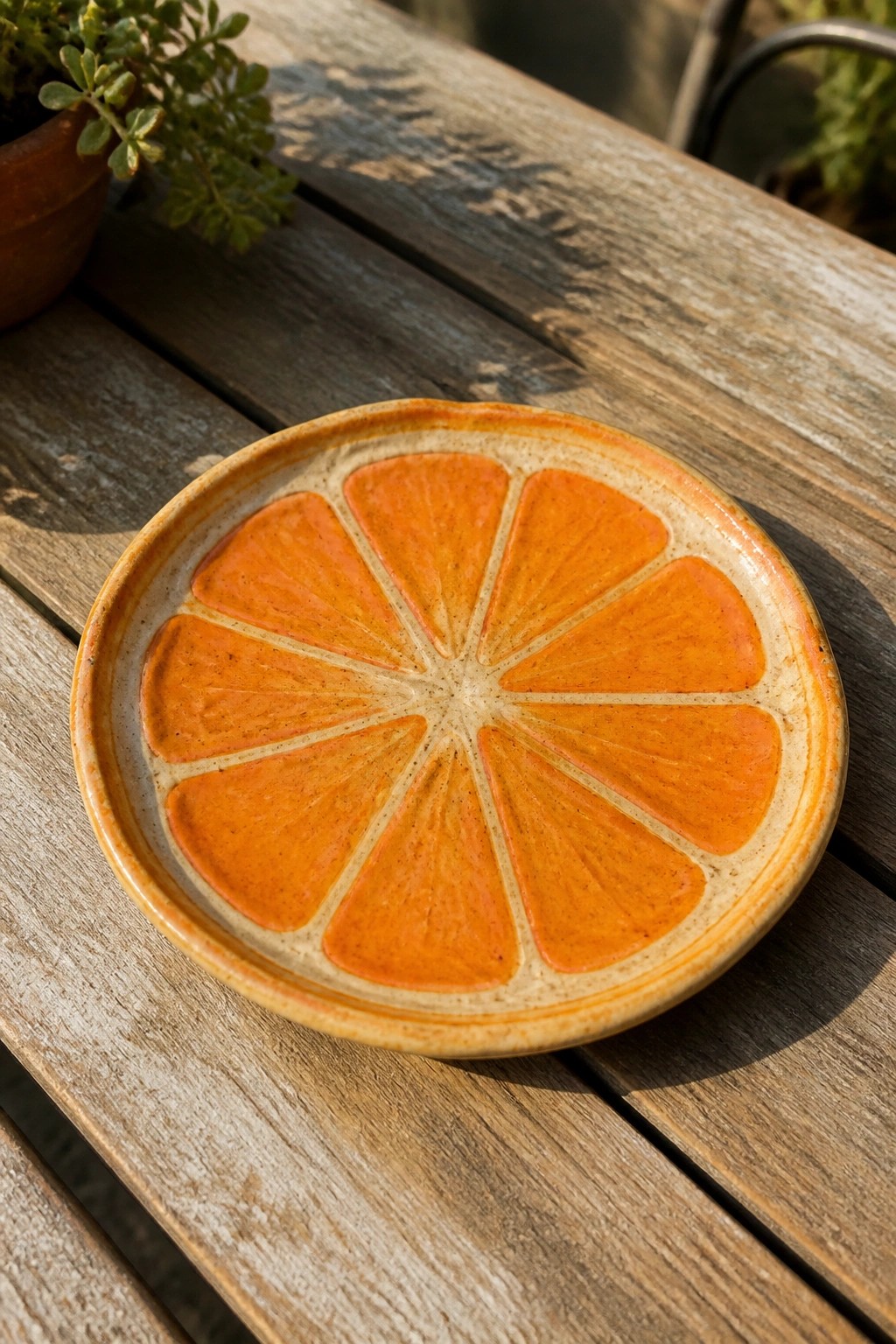 Ceramic plate with bright orange segments on sunlit wooden table beside plant