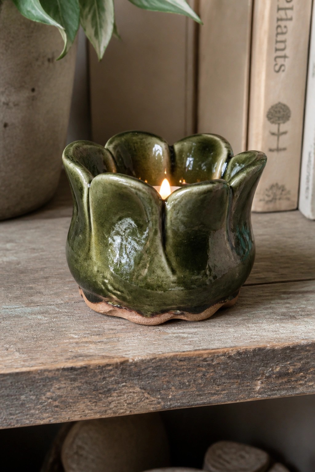 Green ceramic flower candle holder with lit tea light on wooden shelf