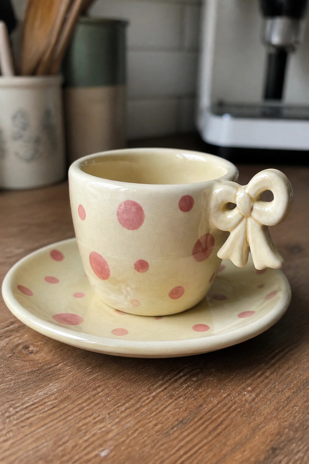 Yellow polka-dotted cup with bow handle on matching saucer atop wooden table
