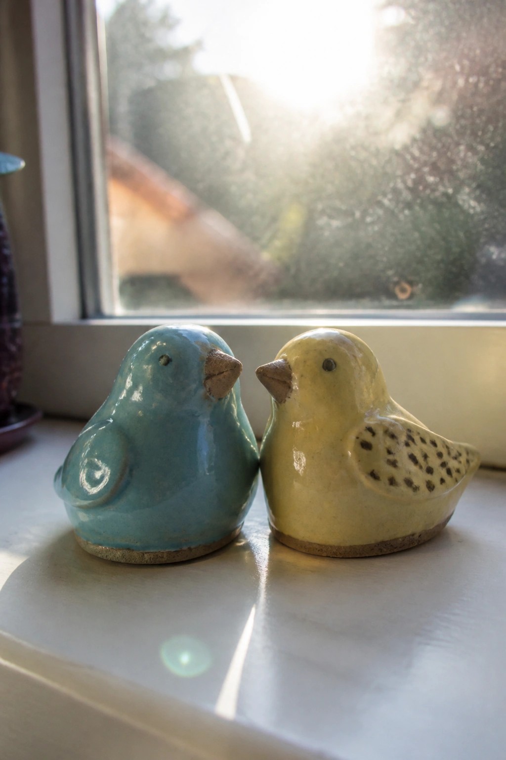 Two ceramic birds, turquoise and yellow, facing on a sunlit windowsill.