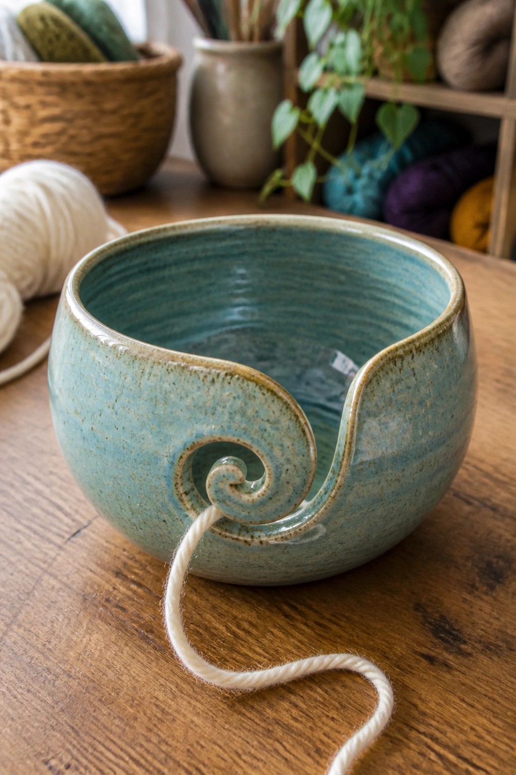 Teal ceramic yarn bowl with spiral notch and white yarn on wooden table