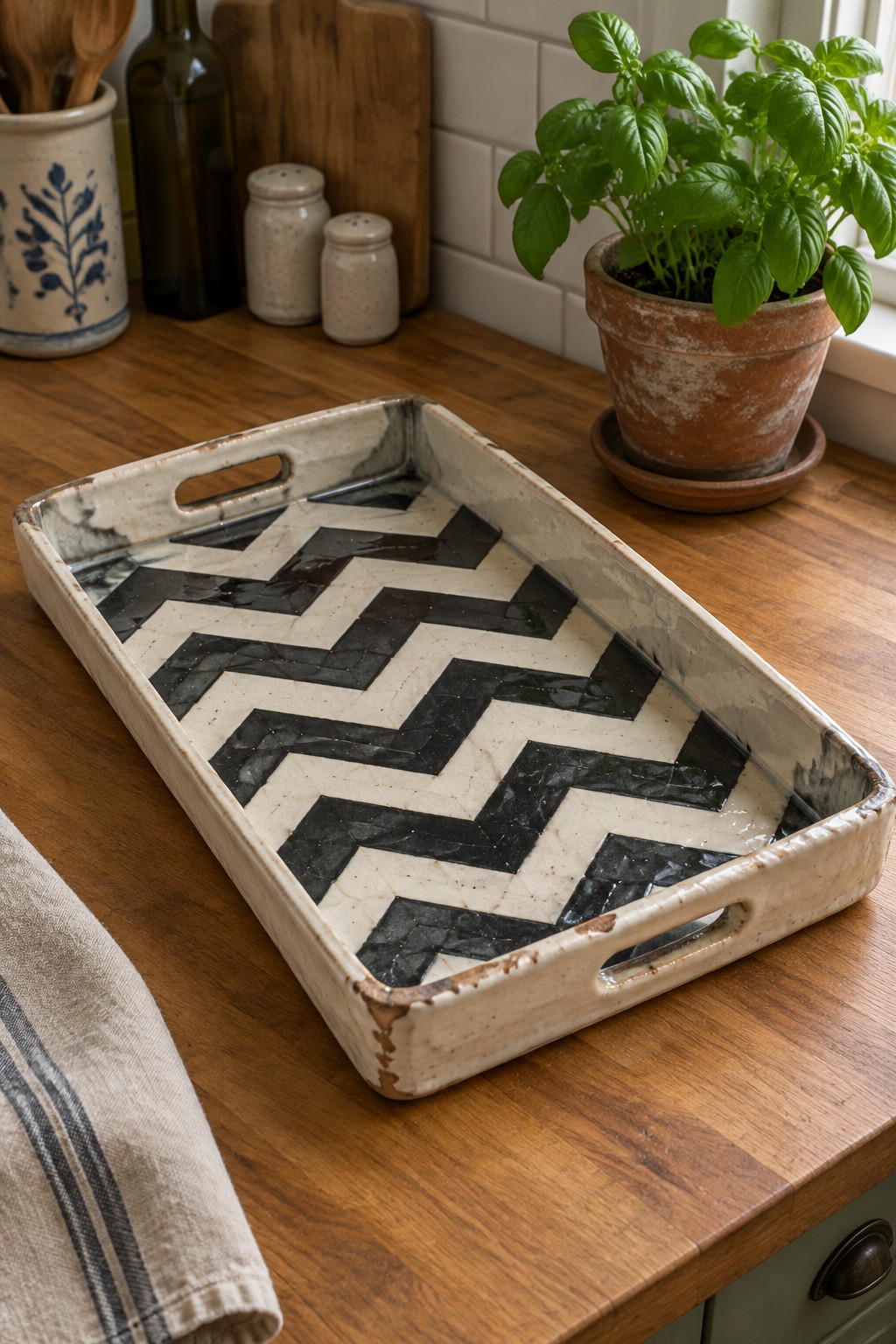 Black and white chevron tray beside basil plant on wooden kitchen counter