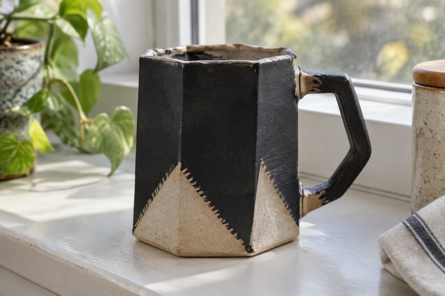 Geometric black and beige faceted ceramic mug on windowsill beside potted plant