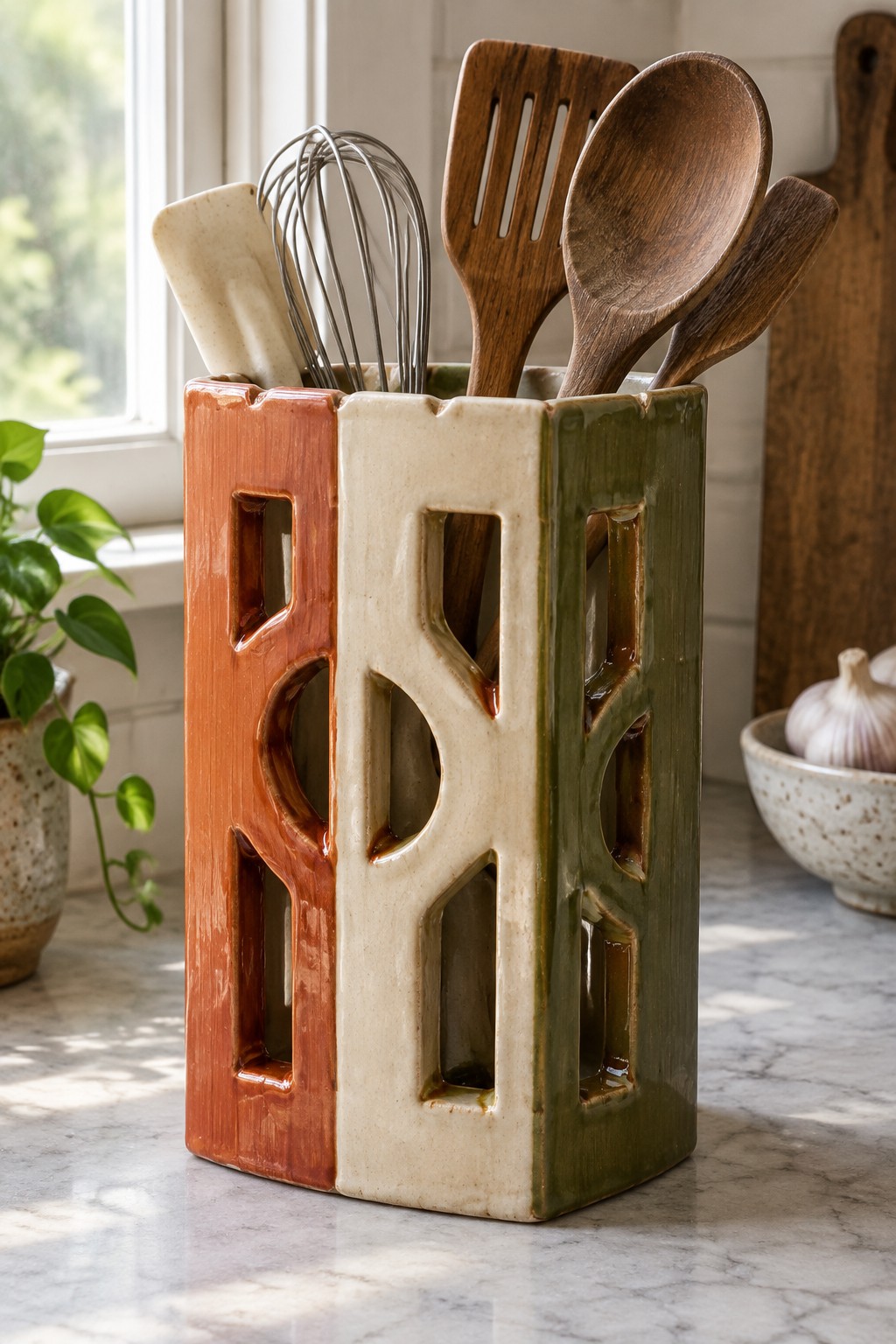 Tri-color ceramic utensil caddy with cutouts holding wooden tools and whisk on counter