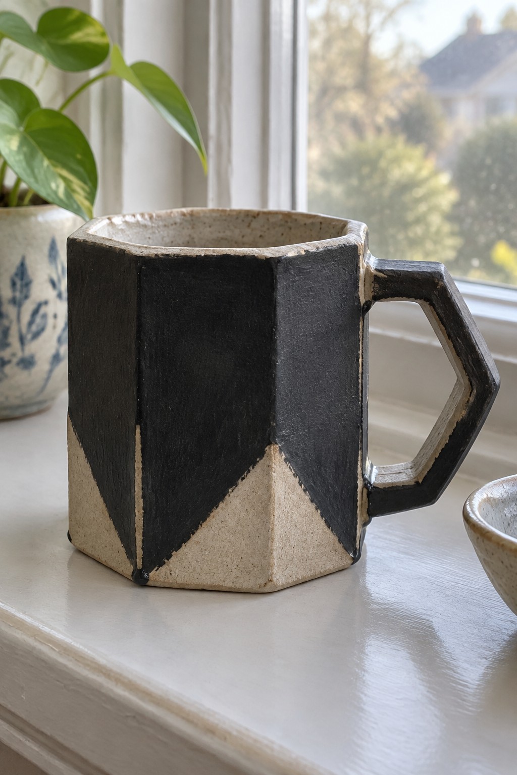 Geometric black and beige faceted ceramic mug on windowsill beside potted plant
