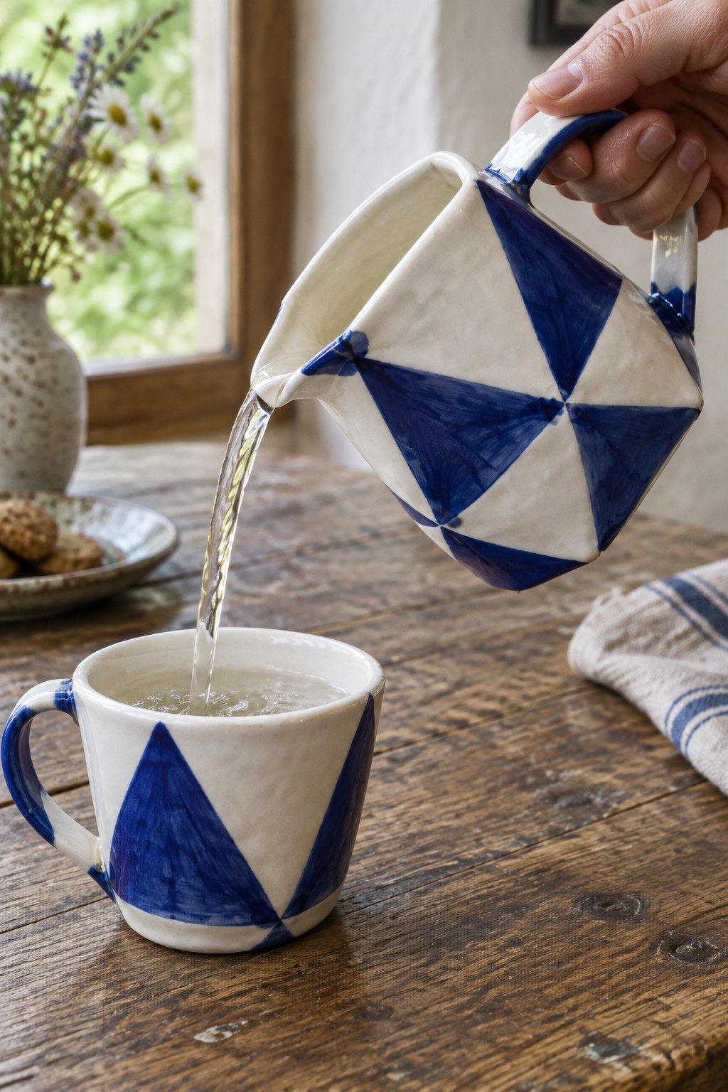 Hand pours water from blue-and-white geometric pitcher into matching ceramic mug on wood table