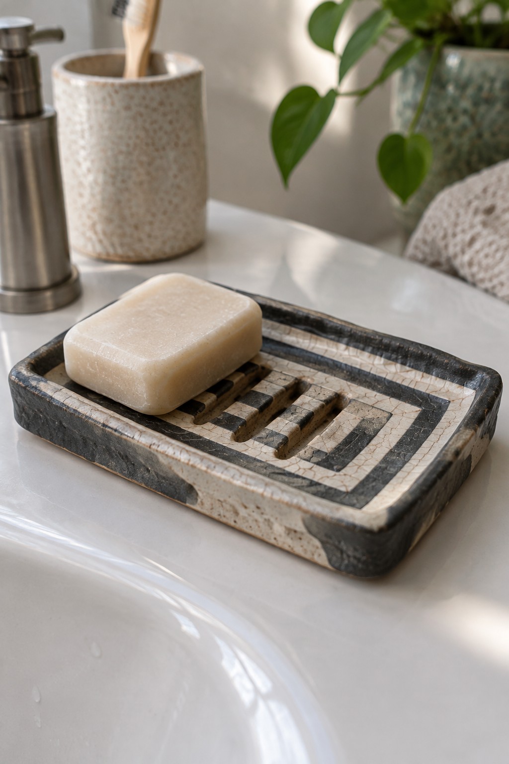 Beige soap bar on a crackled black-and-white patterned ceramic dish atop a sink.