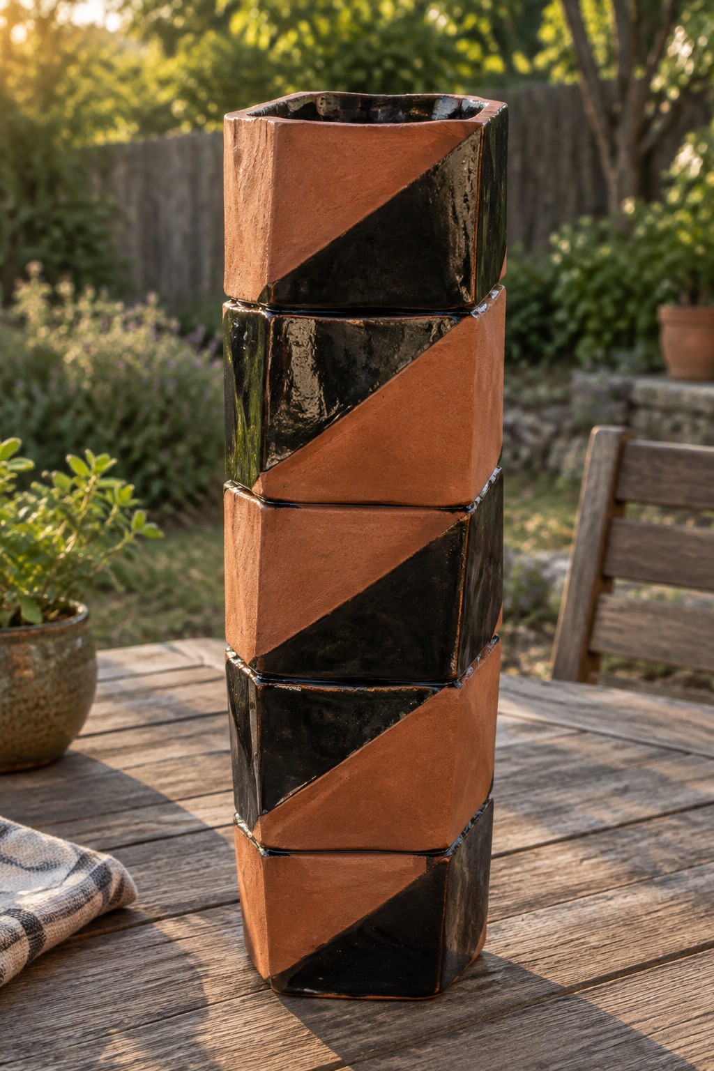 Tall stacked ceramic vase with brown and black geometric glaze on wooden table