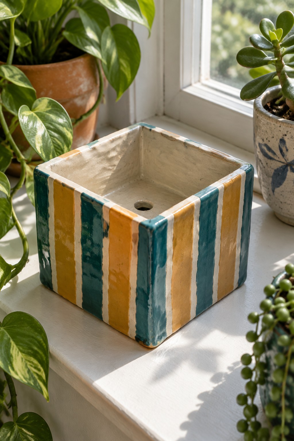 Striped teal and yellow square ceramic planter on sunny windowsill with houseplants