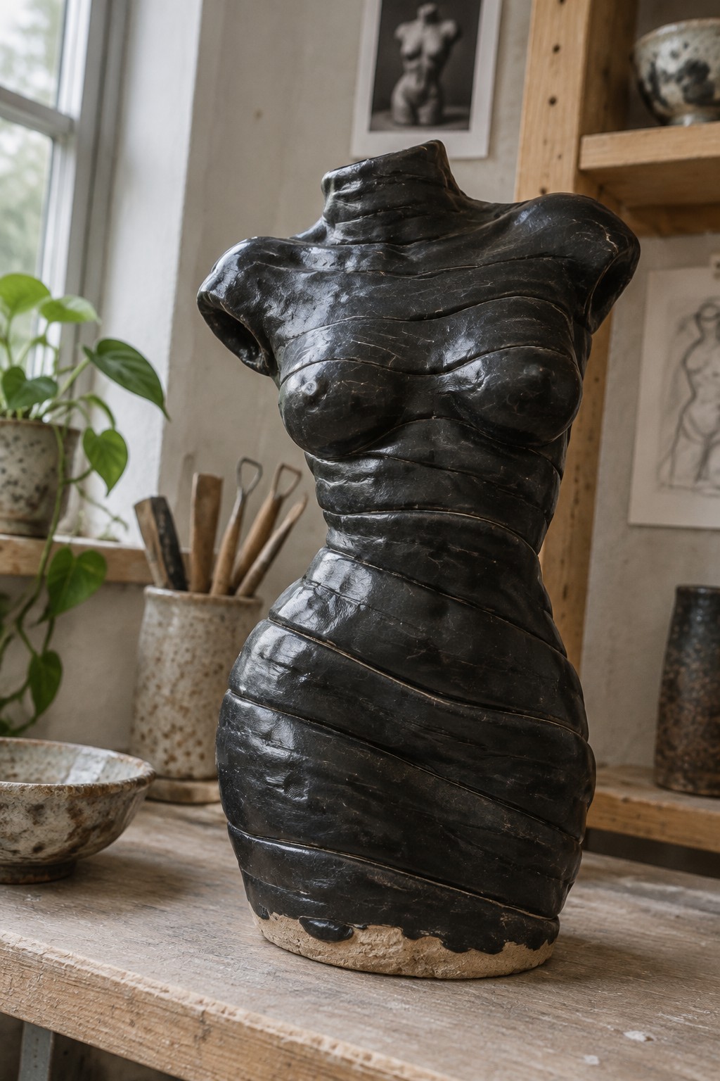 Black ceramic female torso sculpture with layered texture on wooden studio table