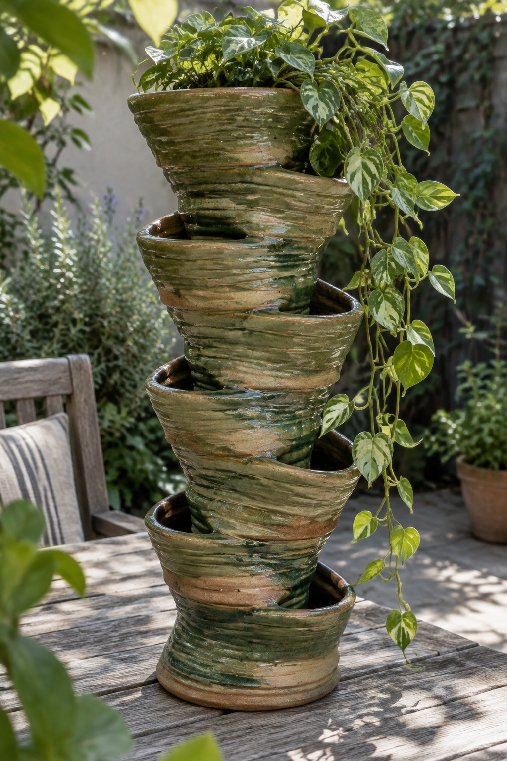 Stacked green ceramic pots with trailing variegated plant on wooden table