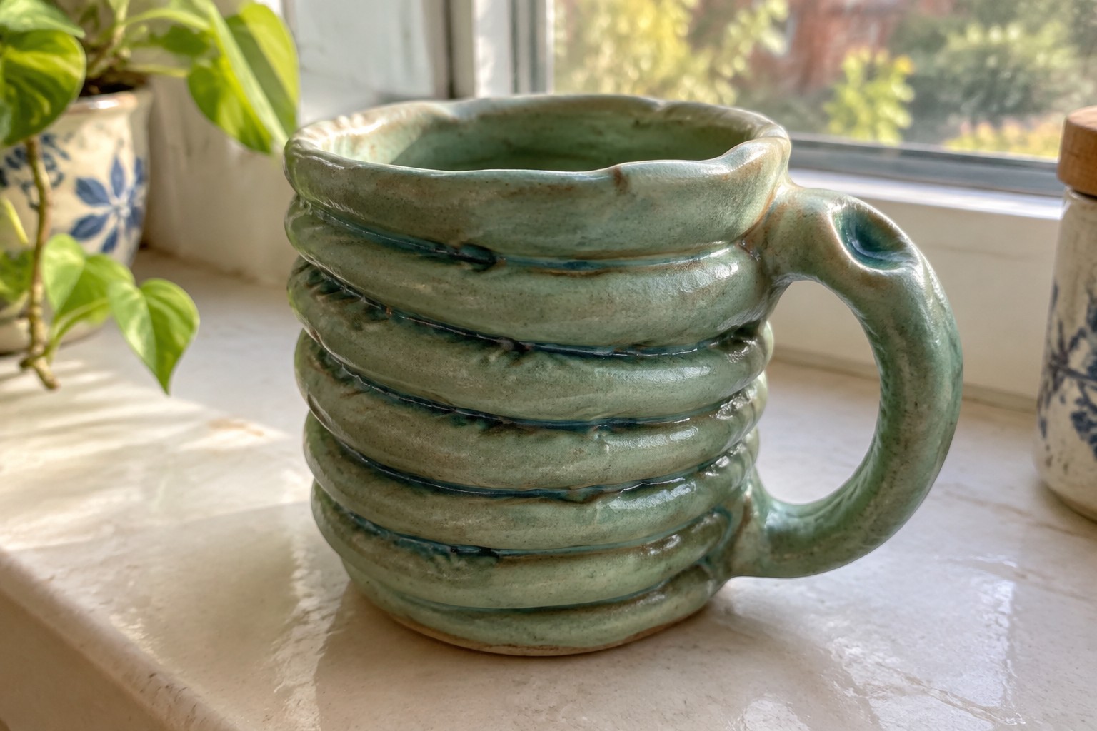 Green ceramic mug with stacked clay coils forming the body and a handle resting on a white windowsill.