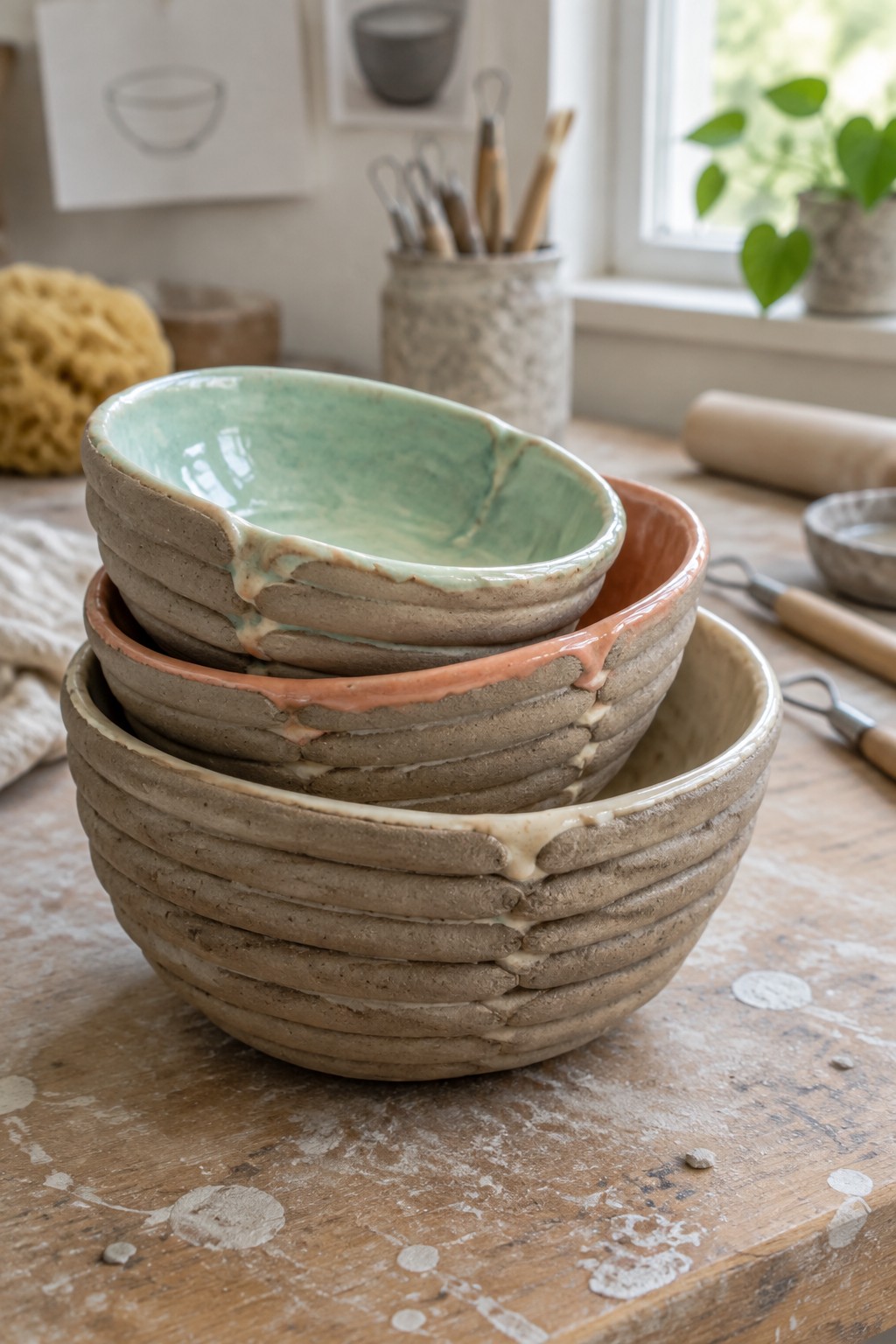 Stack of textured ceramic bowls with dripping green and coral glaze on wooden table