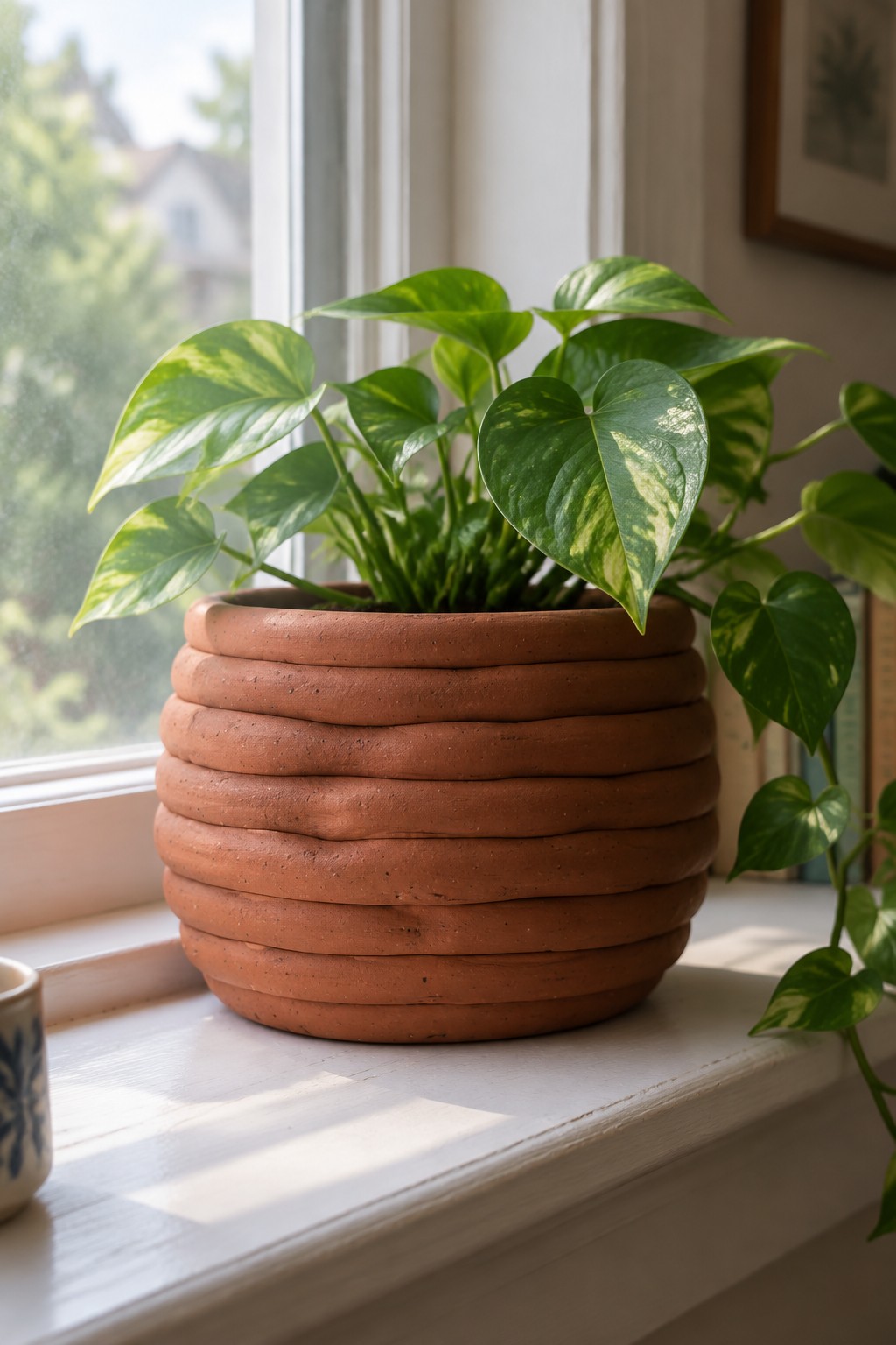 Variegated green plant in ridged terracotta pot on sunlit white windowsill
