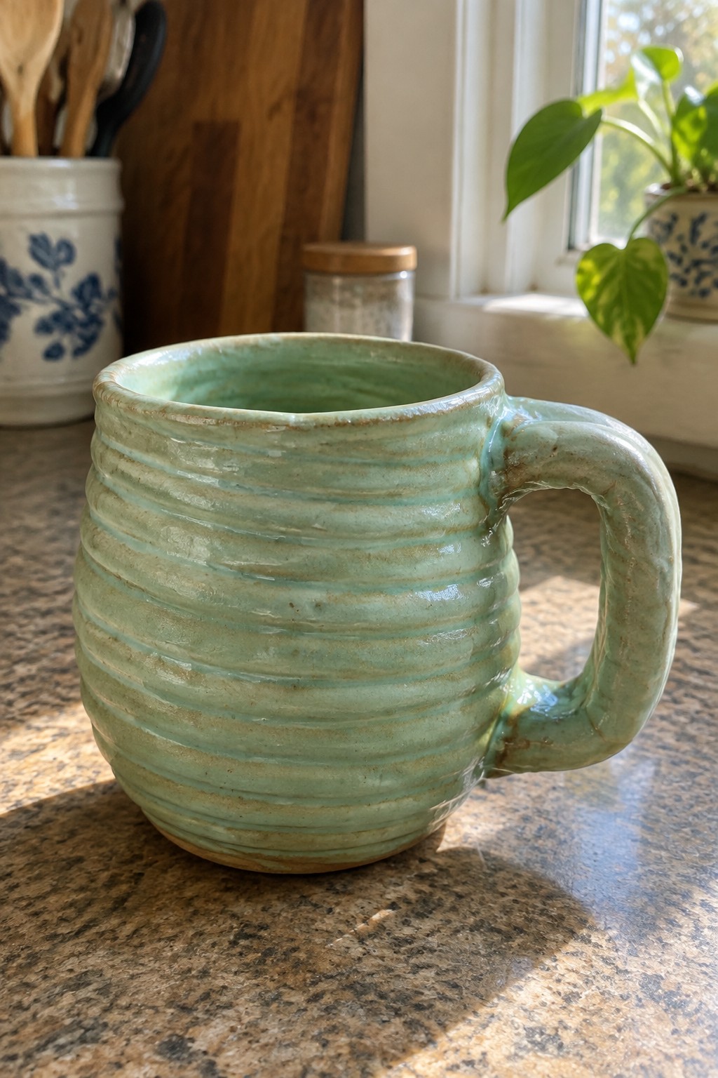 Light green ridged ceramic mug with handle on speckled kitchen countertop