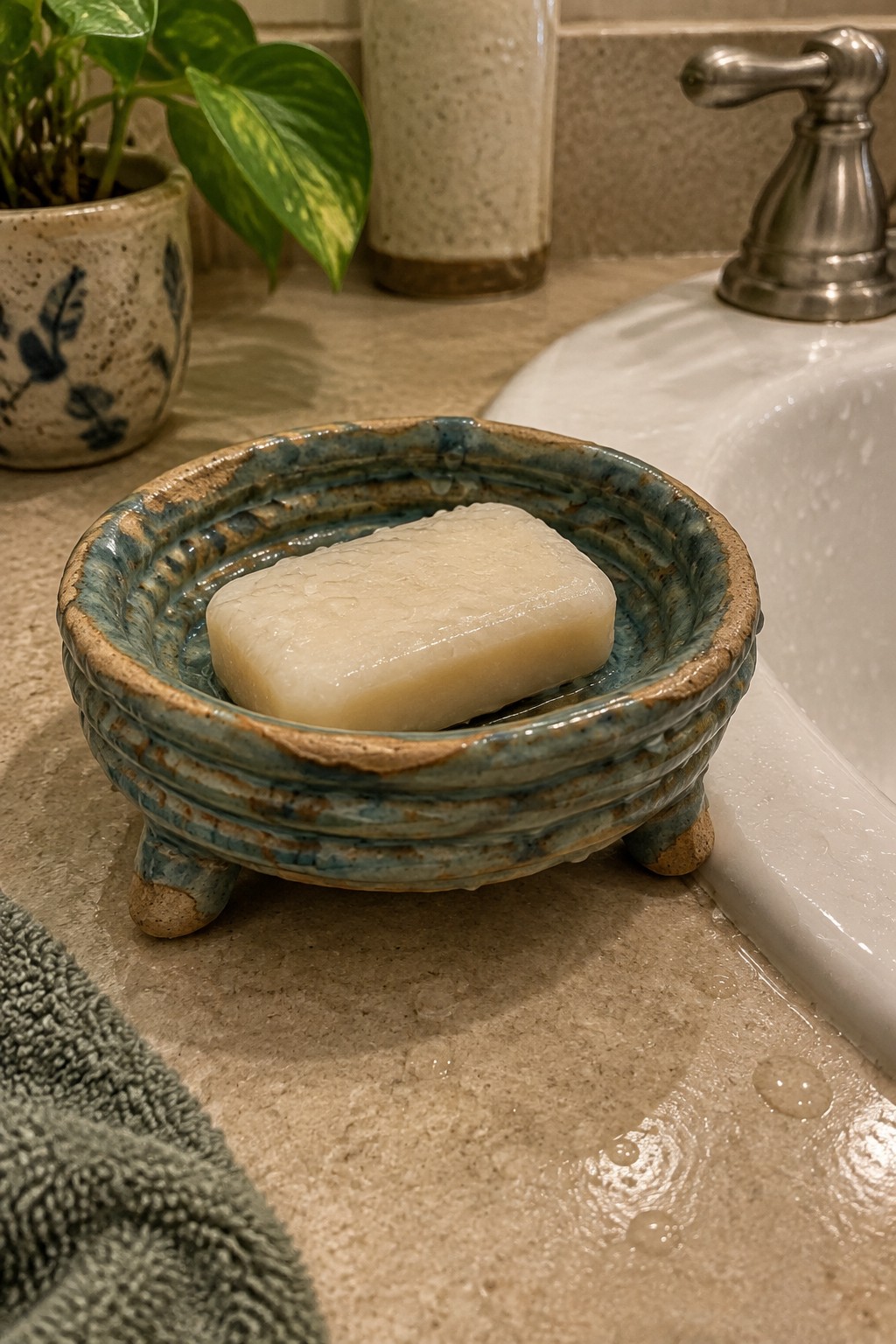 White bar of soap in blue ceramic dish on wet bathroom counter