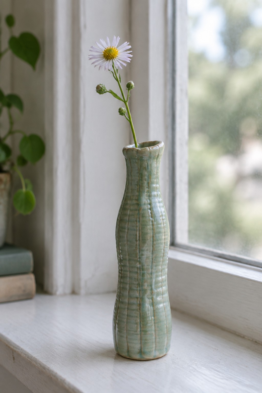 Light green ridged ceramic vase holding white daisy on windowsill