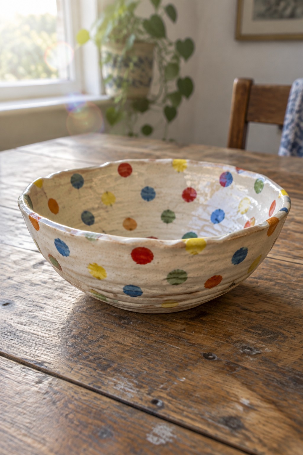 Colorful polka-dotted ceramic bowl on a rustic wooden table