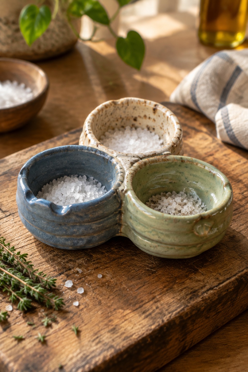 Three ceramic bowls with salt on wooden board beside thyme sprig.
