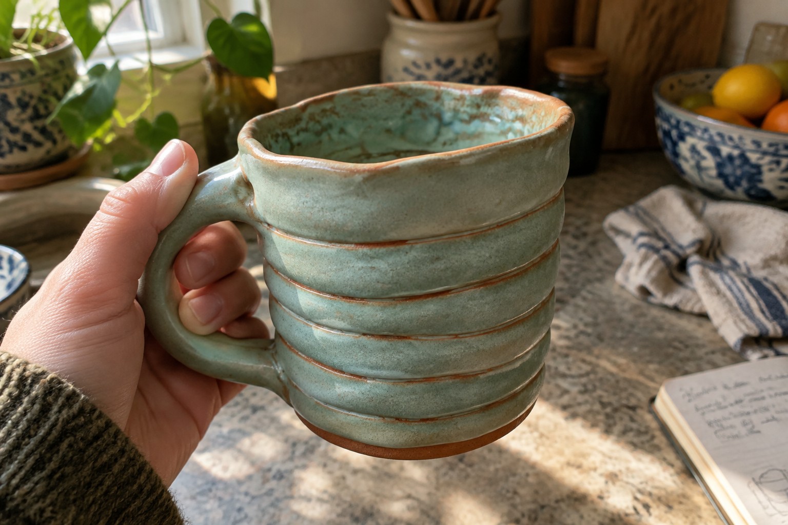 Hand in green sweater holding ribbed turquoise ceramic mug in kitchen