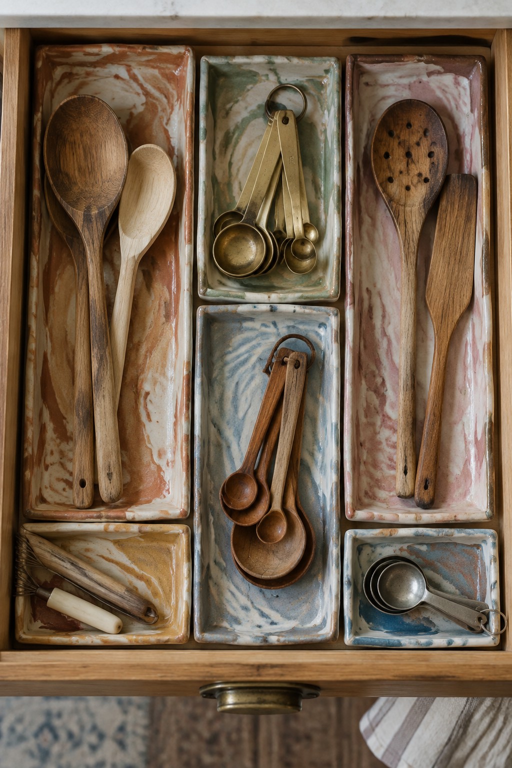 Open wooden drawer with marbled ceramic trays holding wooden spoons and measuring cups