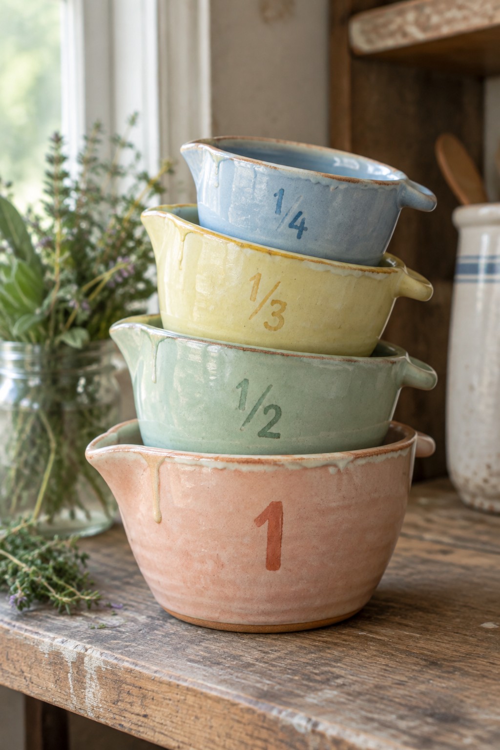 Stacked pastel ceramic measuring cups with fractions on rustic wooden table