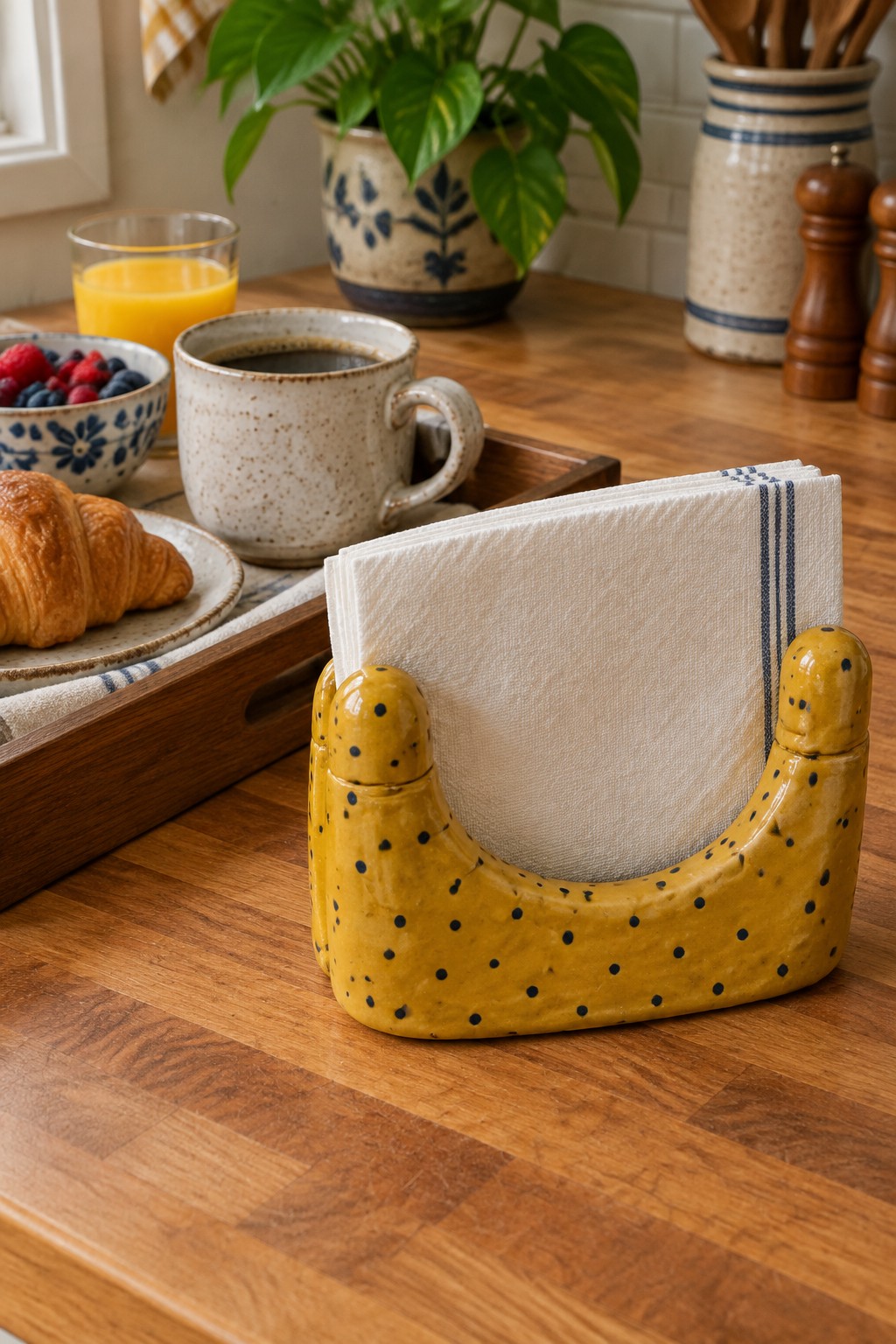 Yellow polka-dotted ceramic napkin holder with striped napkins on wooden breakfast table