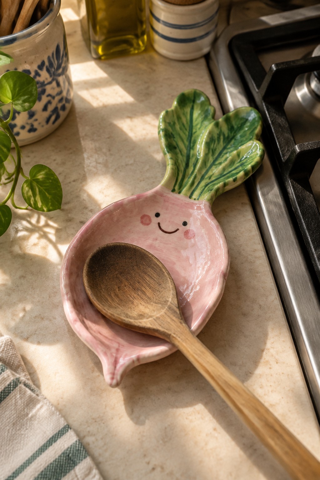 Smiling pink radish ceramic spoon rest holding wooden spoon on sunny countertop