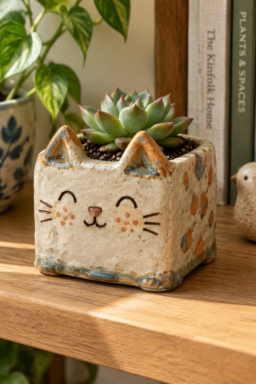 Cat-shaped ceramic planter with succulent on wooden shelf beside books