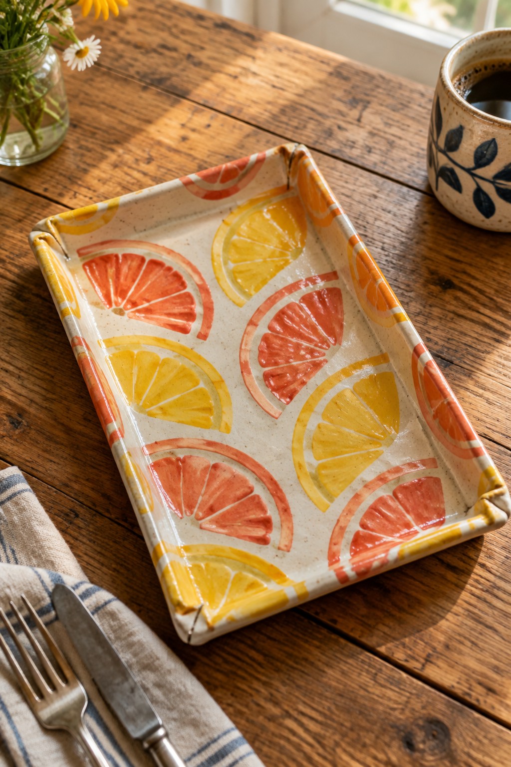 Colorful ceramic tray with citrus slices on rustic wooden table beside coffee mug