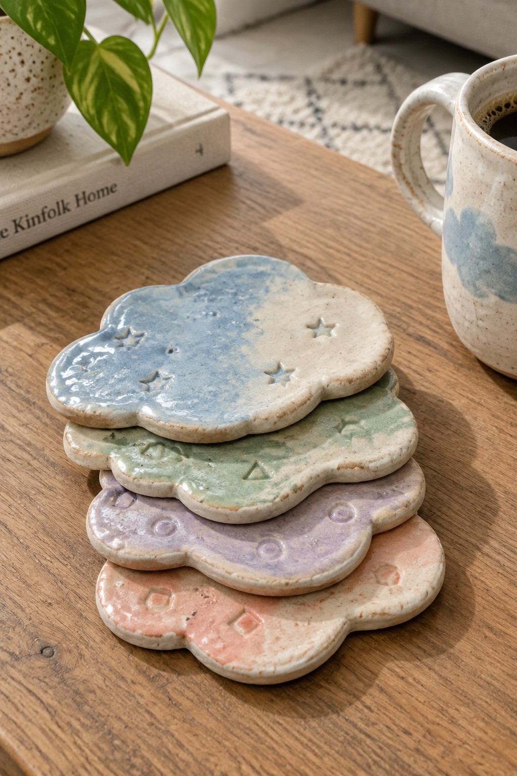 Stack of pastel cloud-shaped ceramic coasters with star and shape designs on wood table