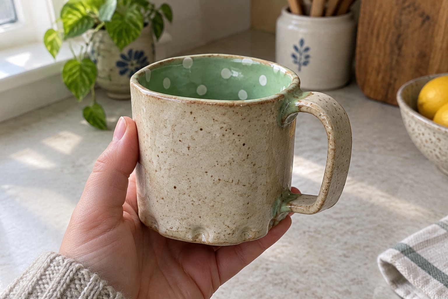 Hand in knit sweater holding beige mug with green polka dot interior