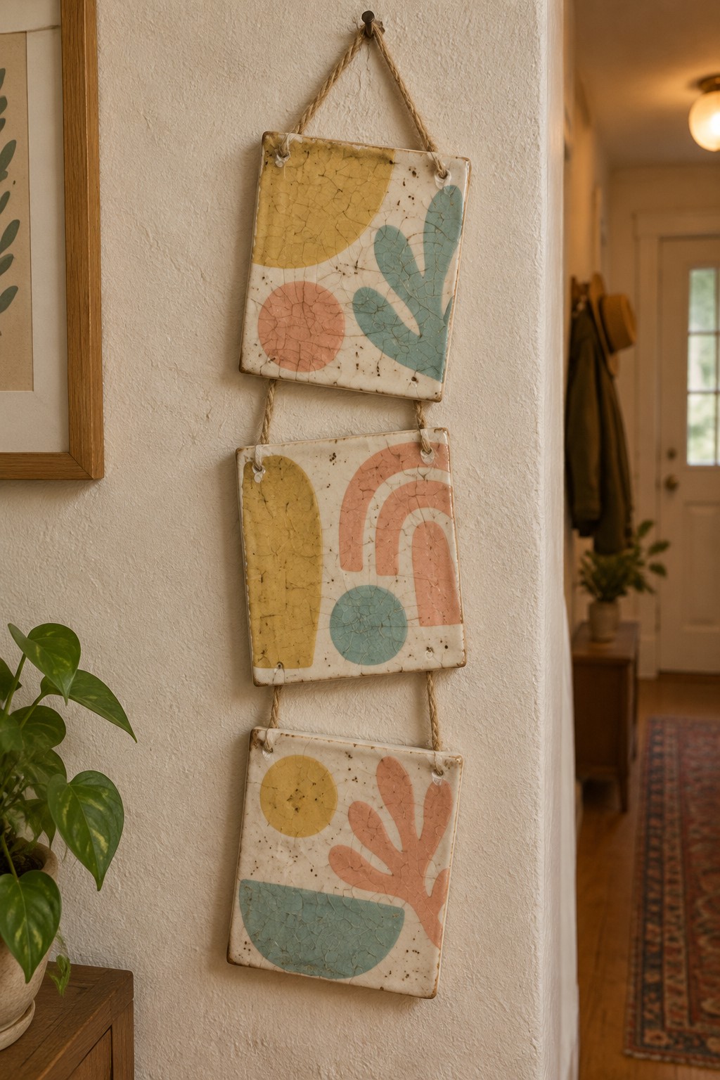 Three abstract pastel ceramic tiles hanging from rope on white wall.