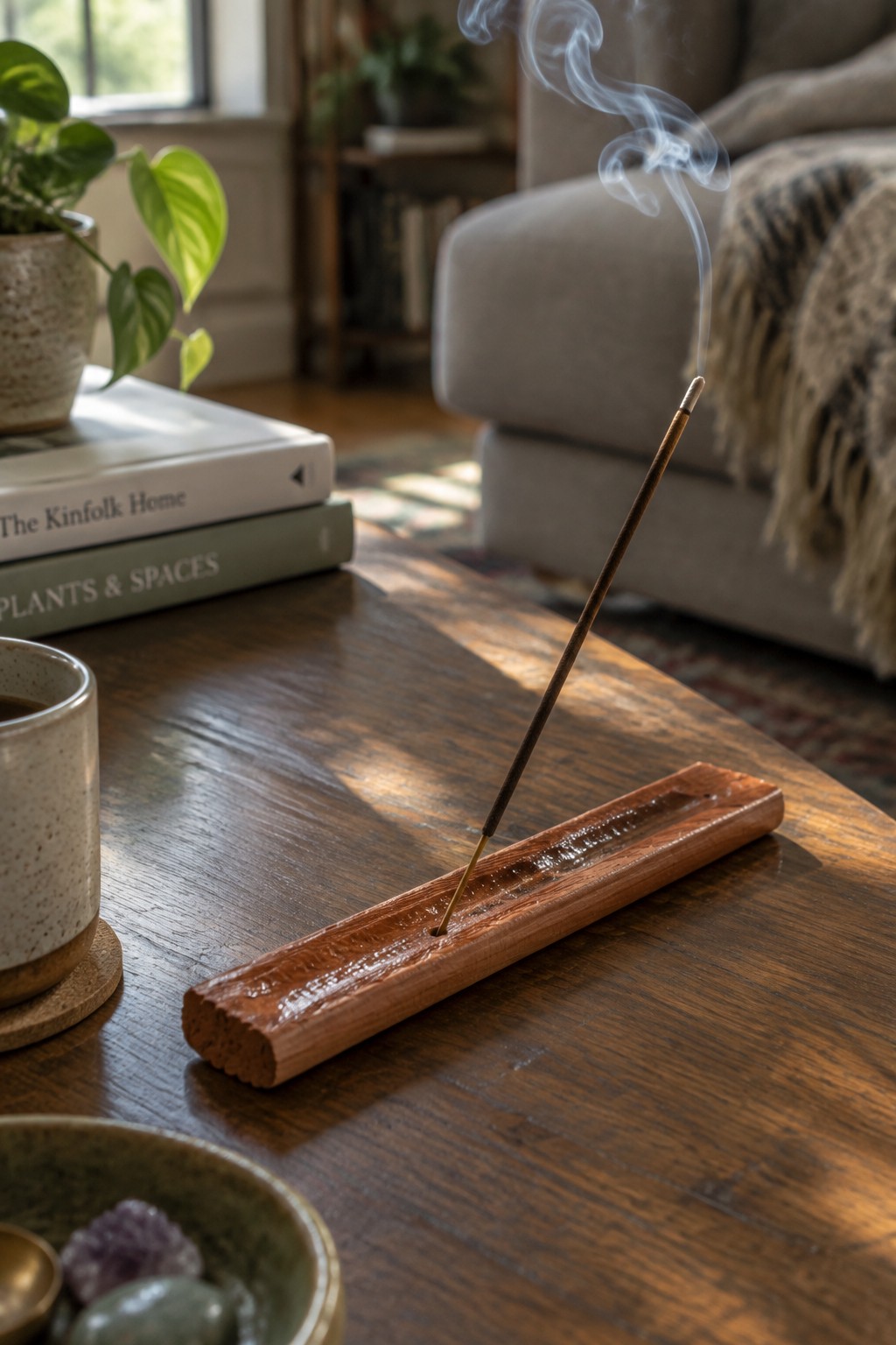 Burning incense in wooden holder on sunlit table with books and mug