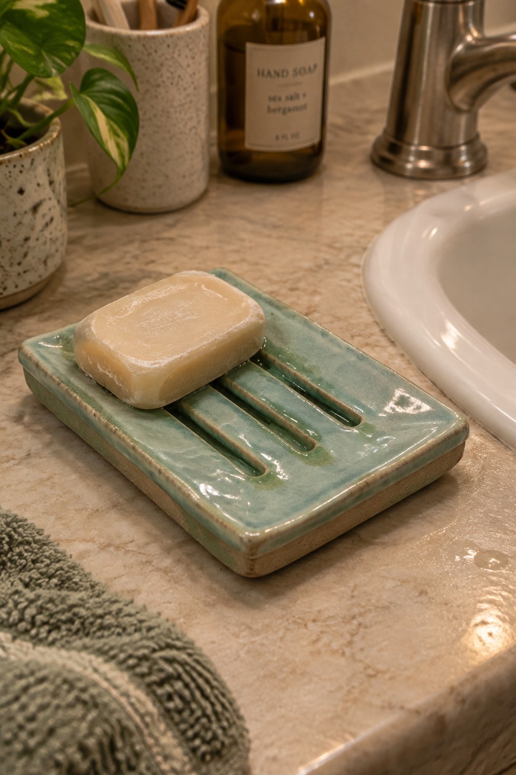 Soap bar on teal dish beside amber bottle, plant, and towel on marble counter