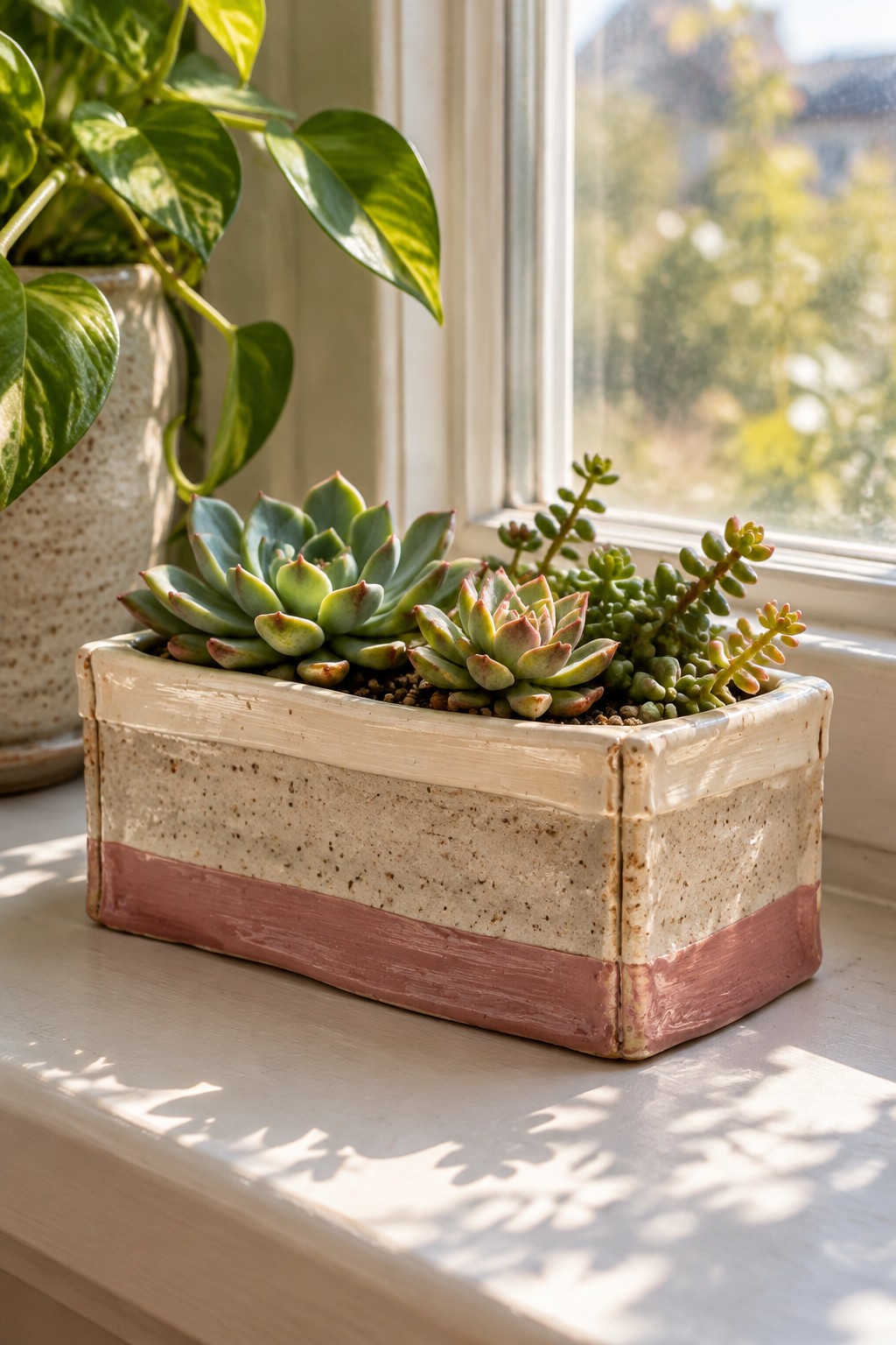 Succulents in a beige and pink ceramic planter on a sunny windowsill