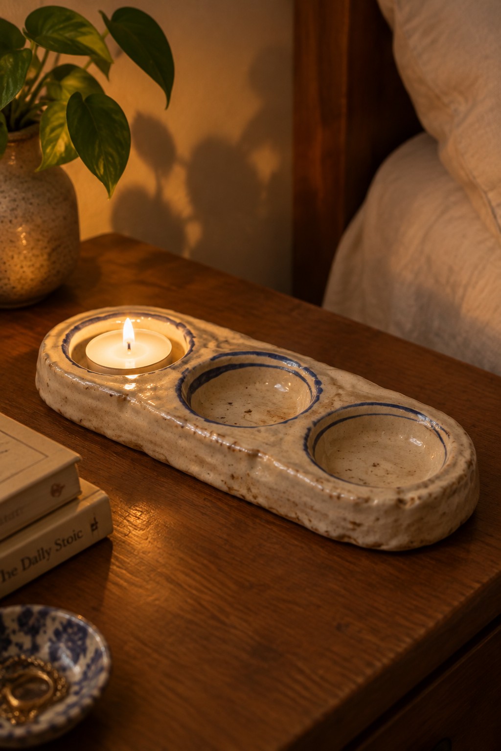 Lit candle in speckled ceramic holder on wooden table with books and plant