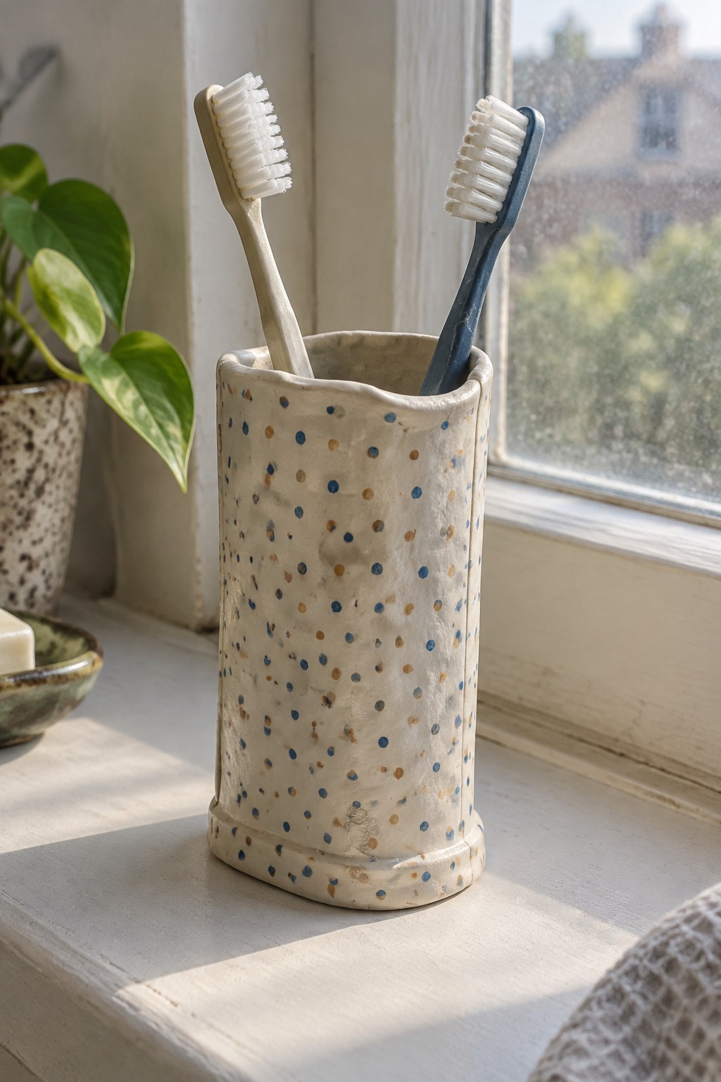 Speckled ceramic holder with two toothbrushes on a sunlit windowsill beside a plant