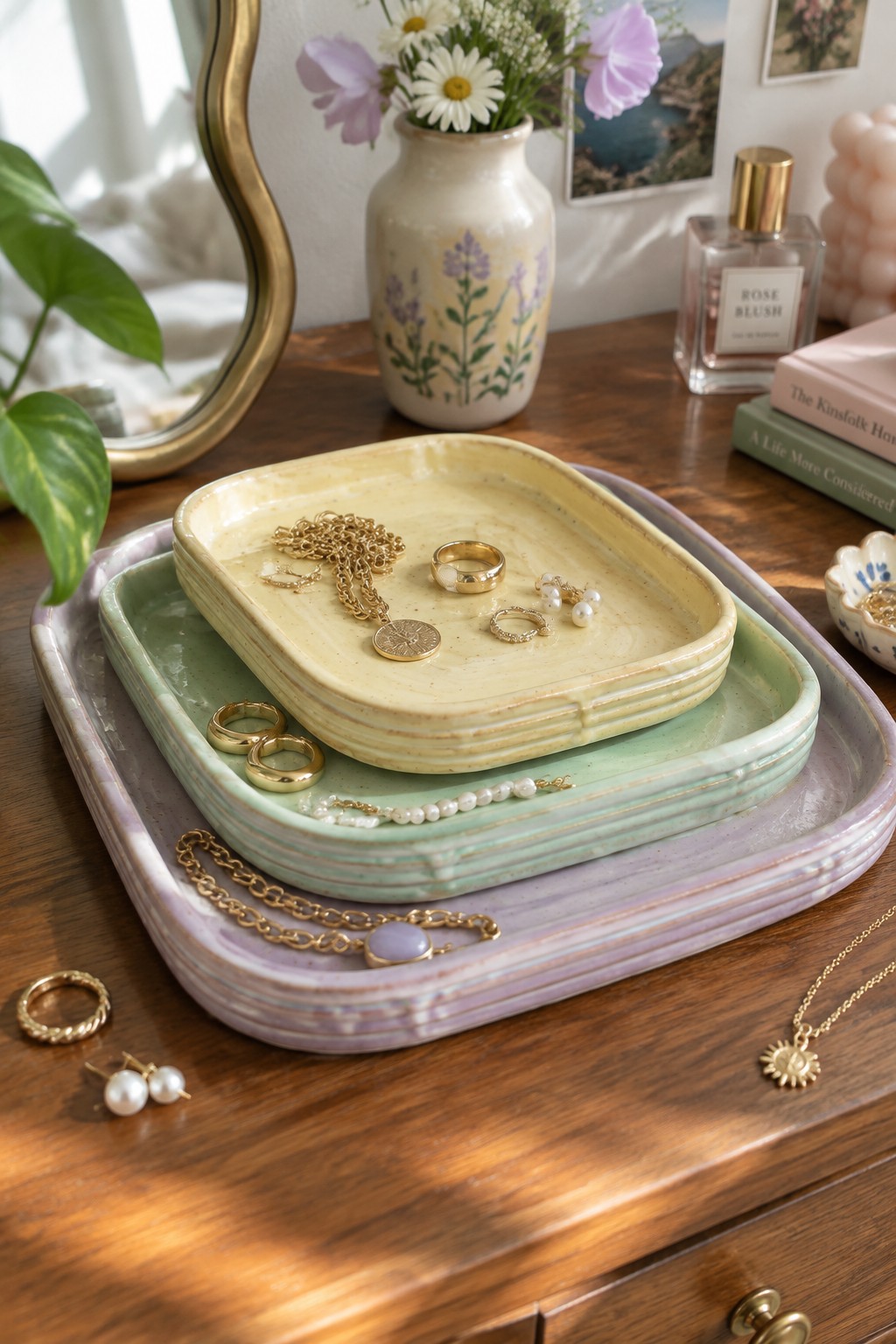 Gold jewelry on stacked yellow, green, and lavender ceramic trays with flowers nearby