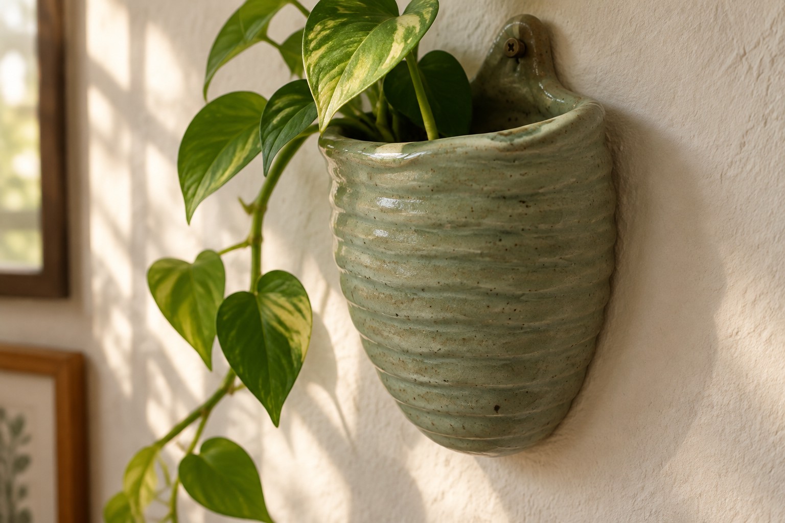 Variegated pothos plant in ribbed speckled green ceramic wall-mounted vase on white wall
