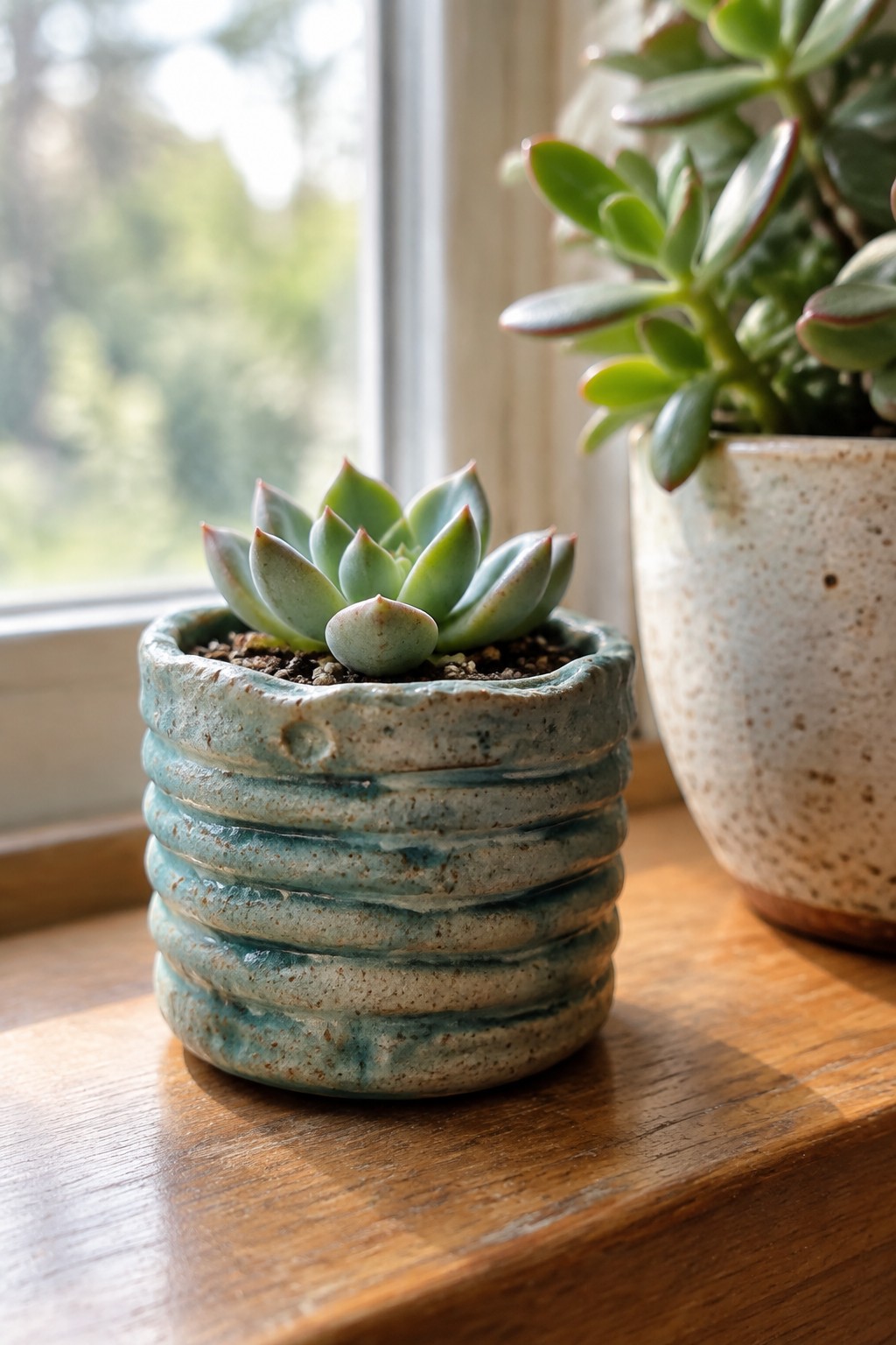Rosette succulent in ribbed blue-green pot on wooden windowsill with another plant.
