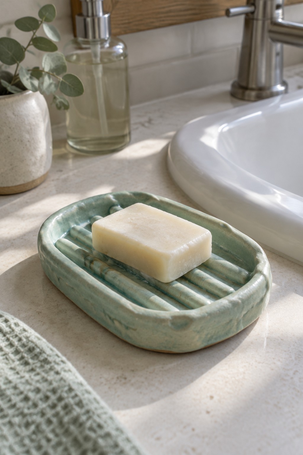 Pale soap bar on ridged green ceramic dish beside white bathroom sink.
