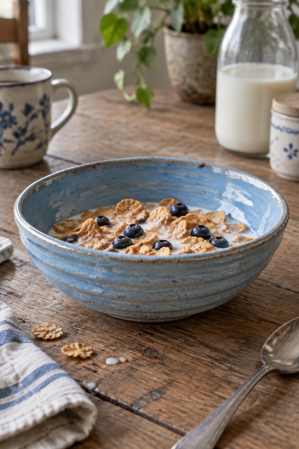 Blue ceramic bowl of cereal with blueberries and milk on wooden table