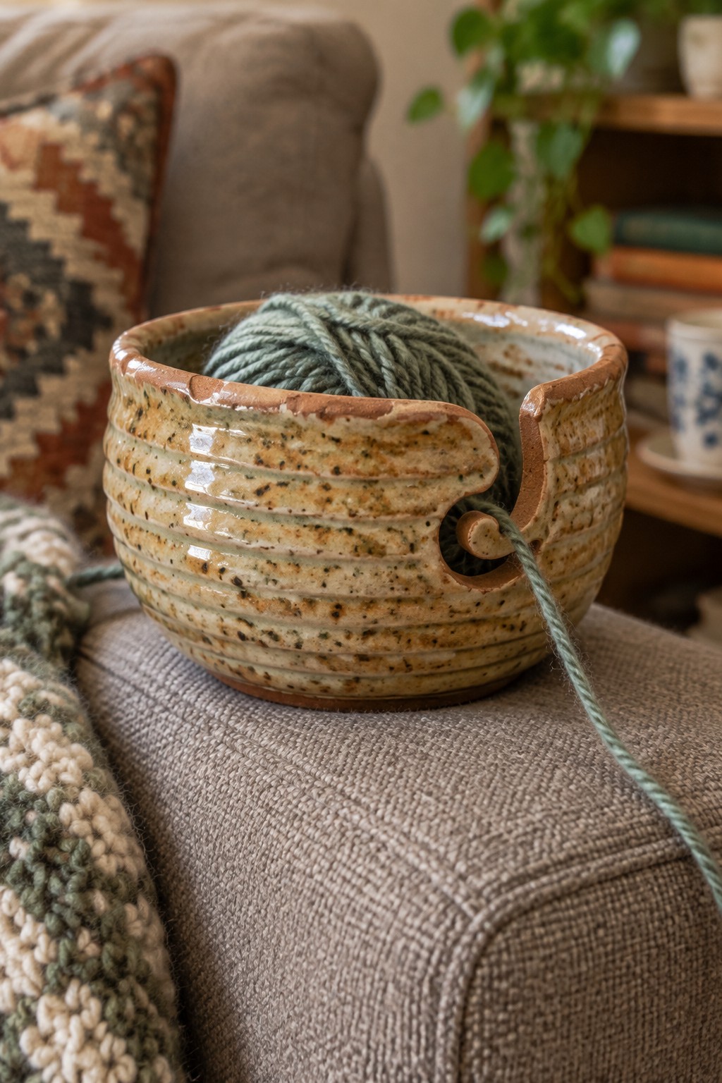 Speckled ceramic yarn bowl with green yarn on beige couch fabric