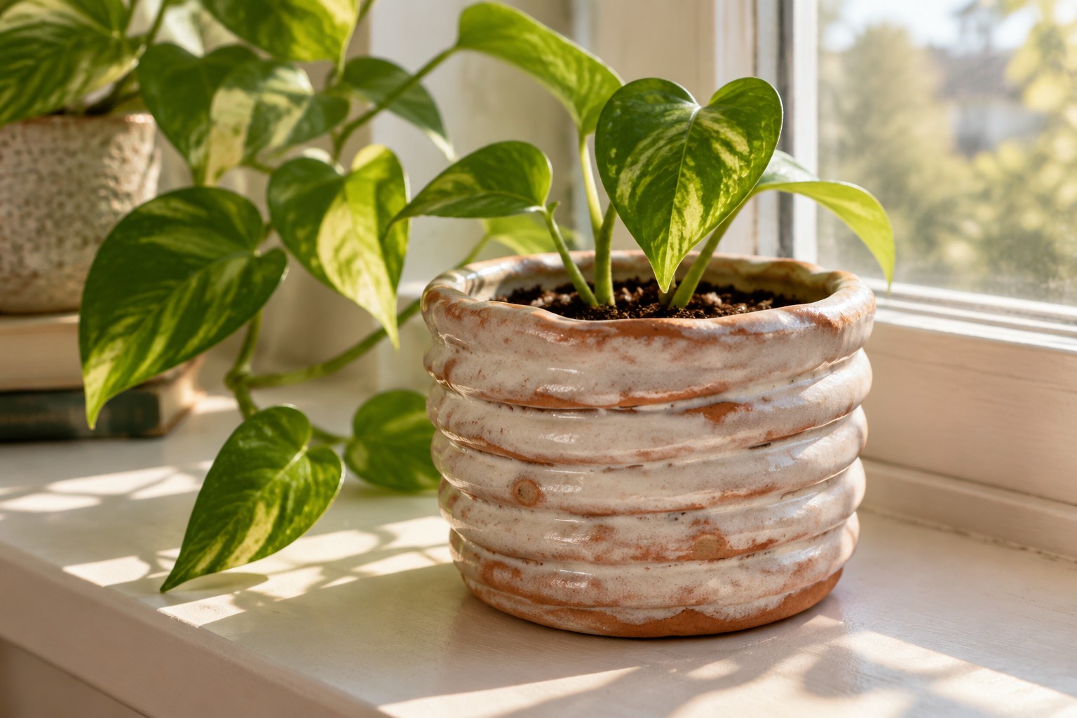 Variegated green leaves in white ridged ceramic pot on sunlit windowsill