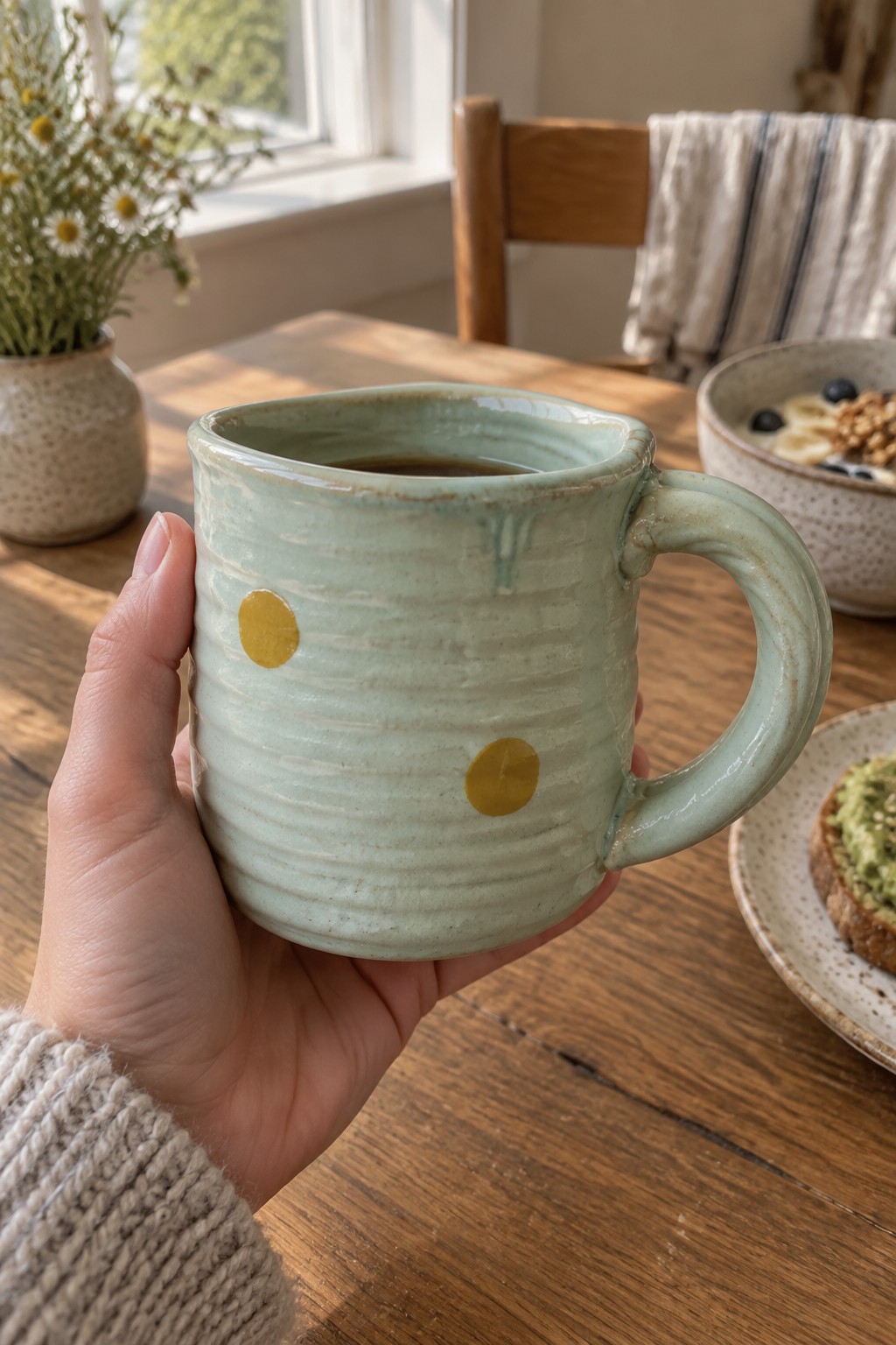Hand in beige knit sweater holding light green mug with yellow dots