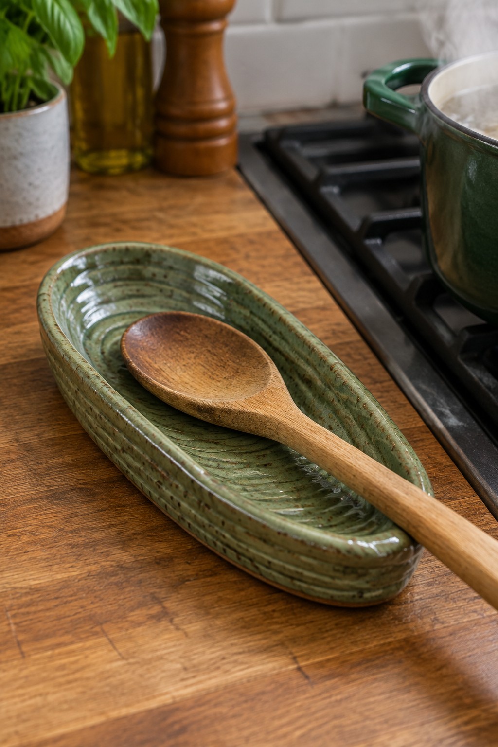 Wooden spoon resting in green ceramic dish on wooden kitchen counter