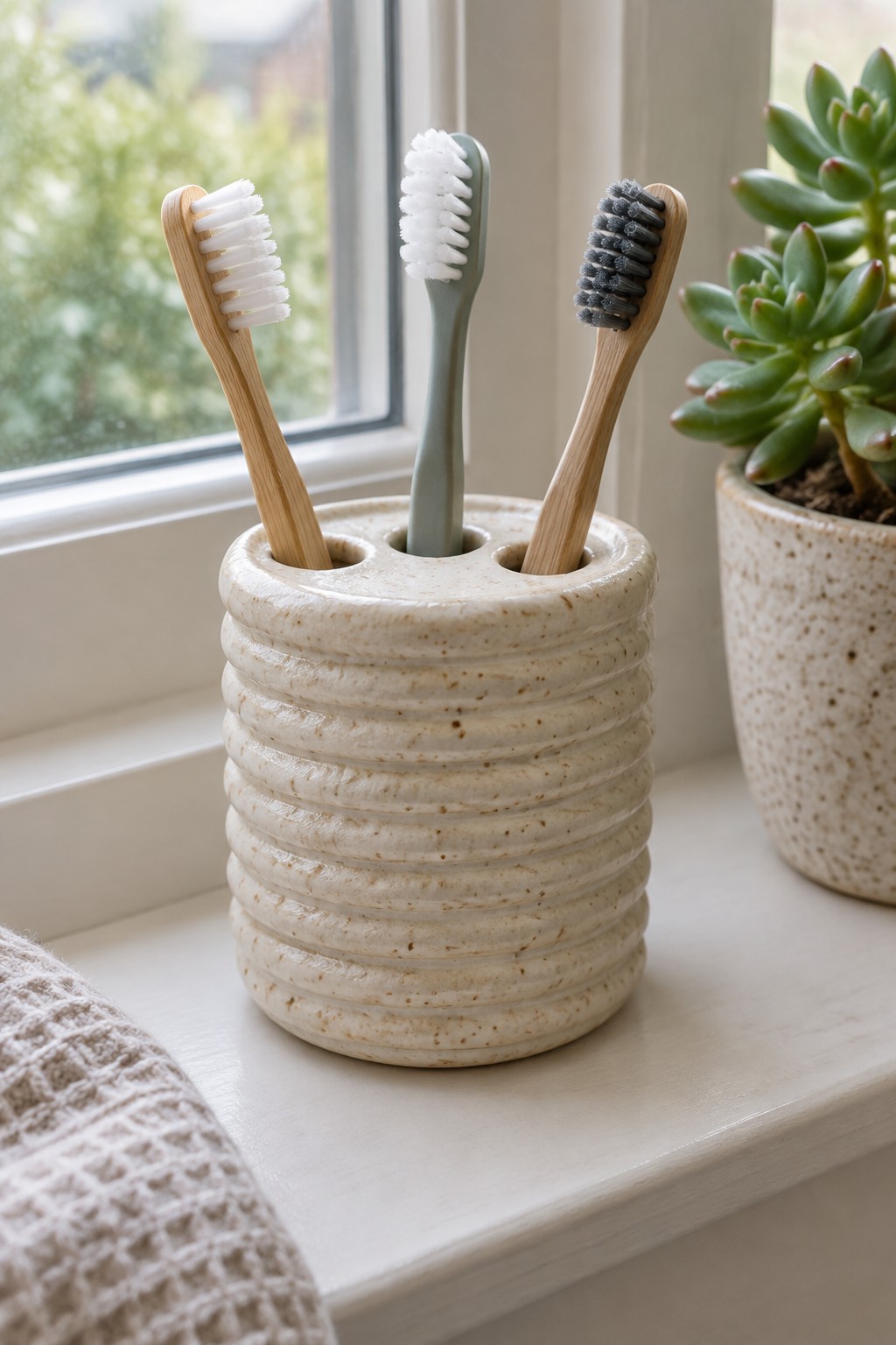 Three toothbrushes in a ribbed beige ceramic holder on a windowsill beside a plant